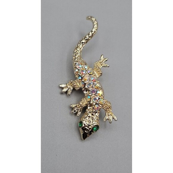 Vintage Gecko Lizard Brooch Pins Aurora Boreal Rhinestones Gold Tone Green Eyes - Picture 5 of 9